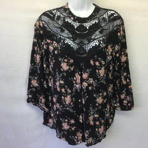 A. Byer Women's Top Black Orange Crinkle Lace 3/4 Sleeve Blouse Tunic Size XL